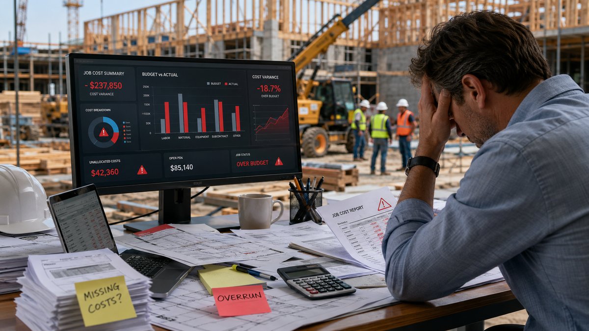 Construction job cost dashboard showing cost variance and budget overruns, with a stressed project manager at a desk covered in paperwork